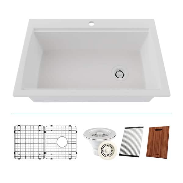 slide 2 of 7, 33 Inch Lexicon Platinum Quartz Composite Drop-in Undermount Single Bowl Workstation Galaxy White Kitchen Sink LP-750TM-W Galaxy White