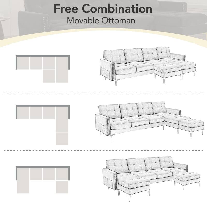 110.6" L-Shaped Convertible Velvet Sectional Sofa with Movable Ottoman and Storage Pockets for Living Room