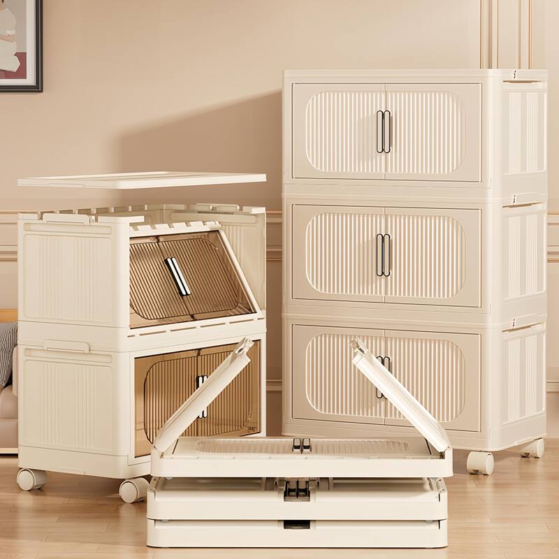 Modern 3-Tiers Folding Plastic Storage Cabinet with Magnetic Door and Bottom Wheels