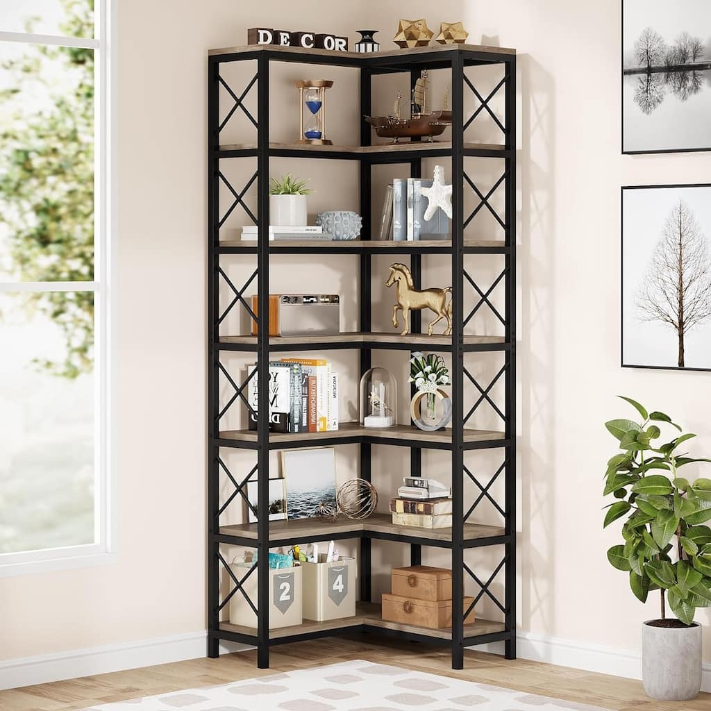 7-Shelf Corner Bookshelf Bookcase for Living Room Home Office