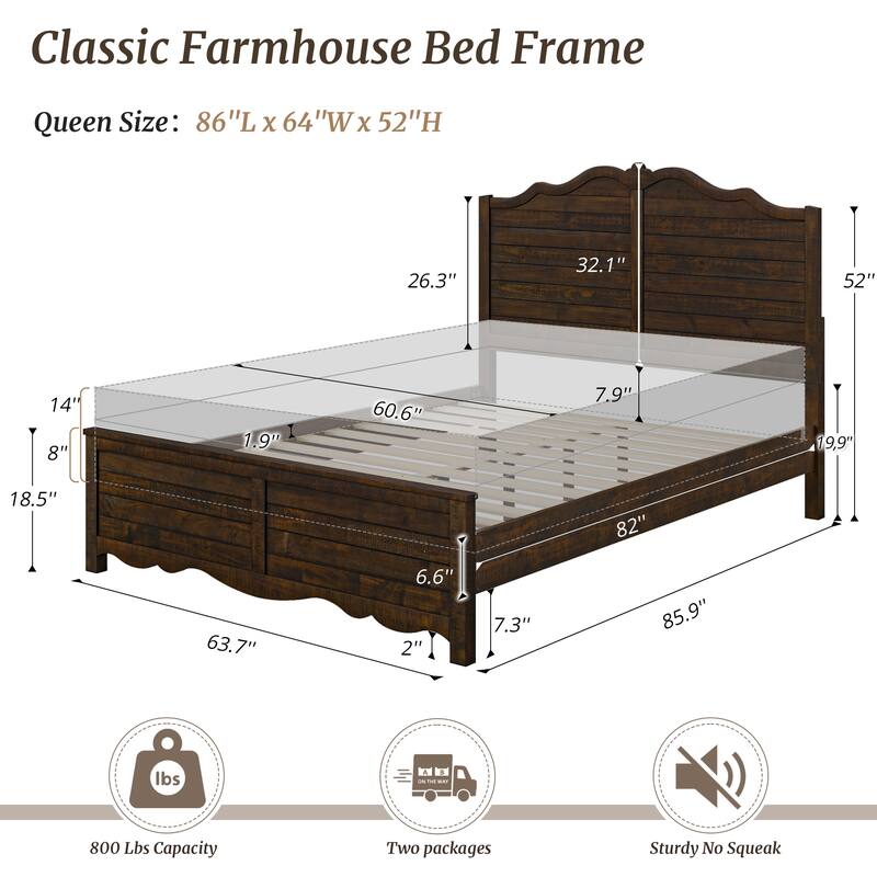Modern Bed Solid Wood Platform Bed Frame Queen/King Size Bed with Headboard and Wood Slat Support for Bedroom