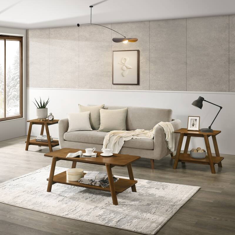 Mid-Century Modern Wood Shelf 3-Piece Coffee Table Set, Walnut Finish
