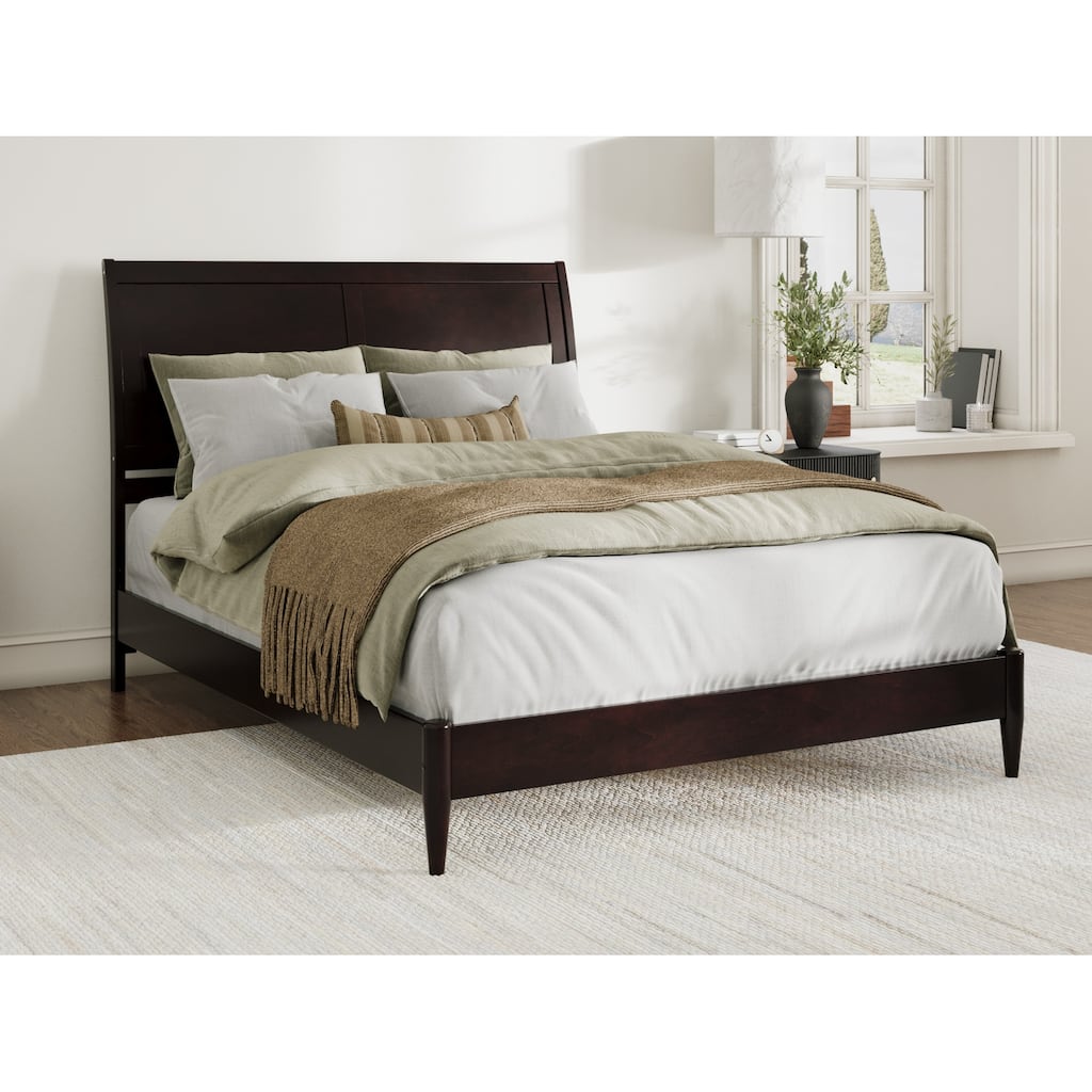Queen Size Wood Platform Bed - Low Profile Sleigh Design, Espresso Finish, Slats Included