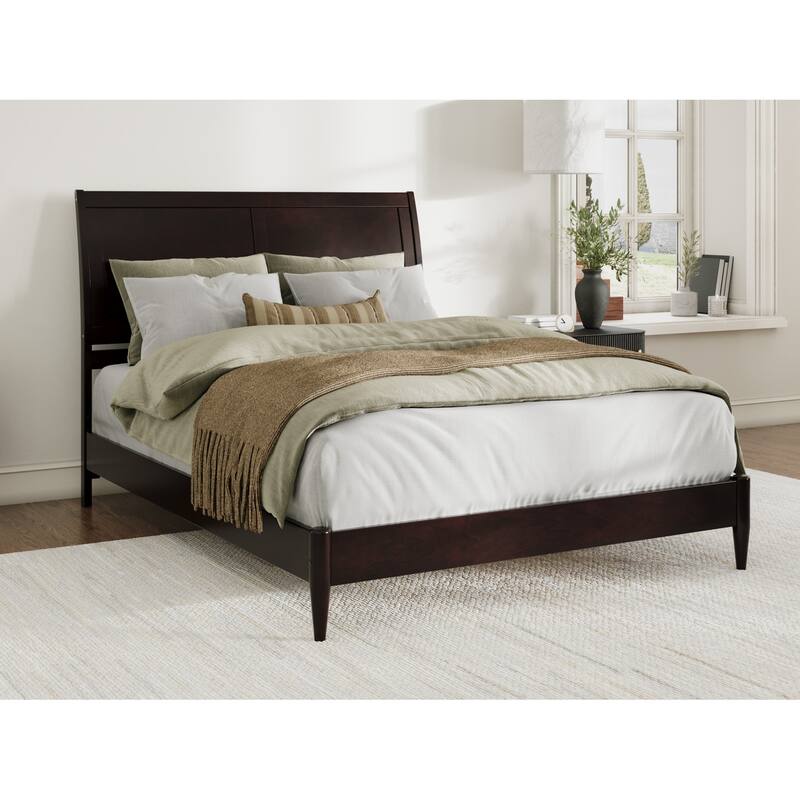Queen Size Wood Platform Bed - Low Profile Sleigh Design, Espresso Finish, Slats Included