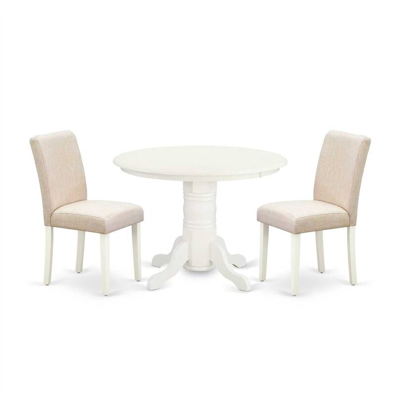 Round Dining Table Set 3pc - 42 Inch Table & 2 Parsons Chairs - Linen White Legs - Light Beige Fabric