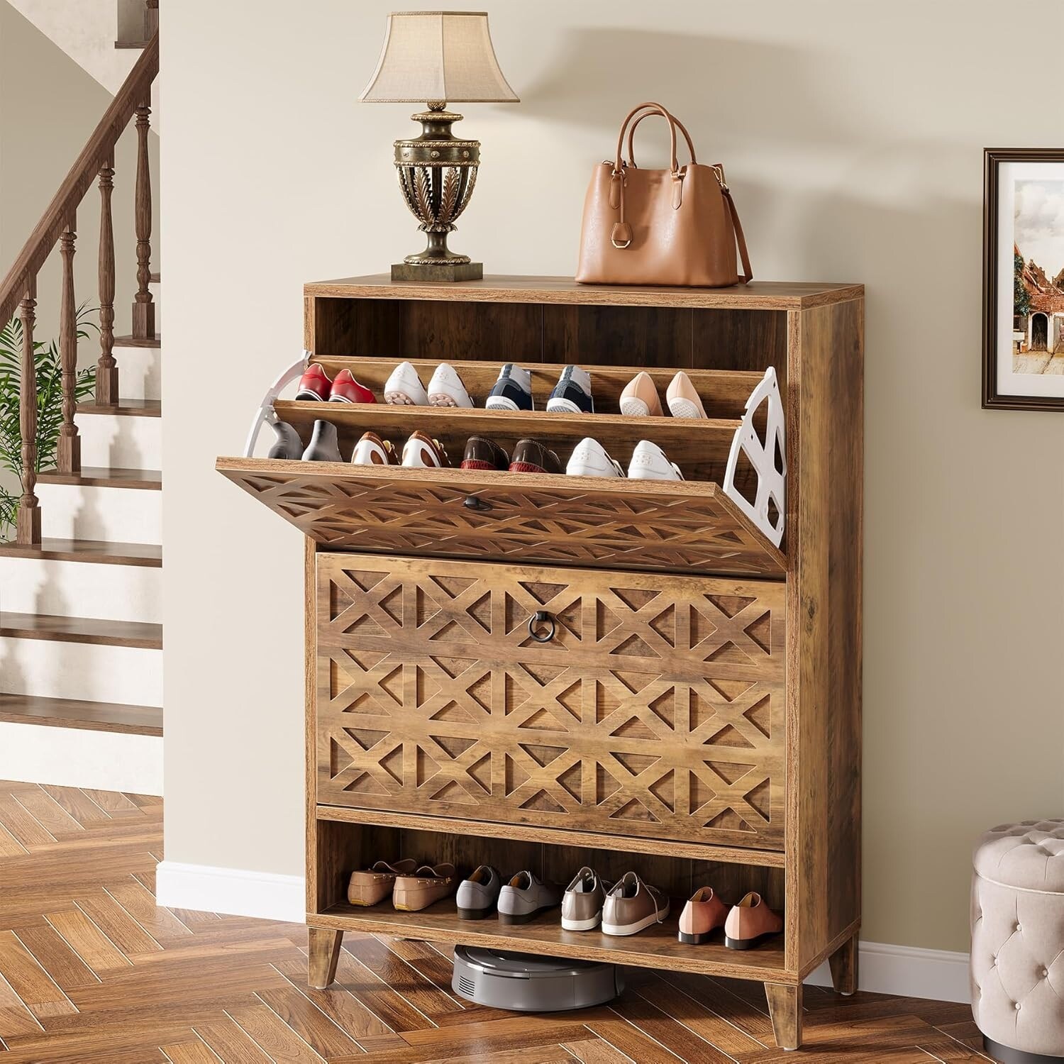 Shoe Cabinet for Entryway with 2 Flip Drawers, Wood Shoe Storage