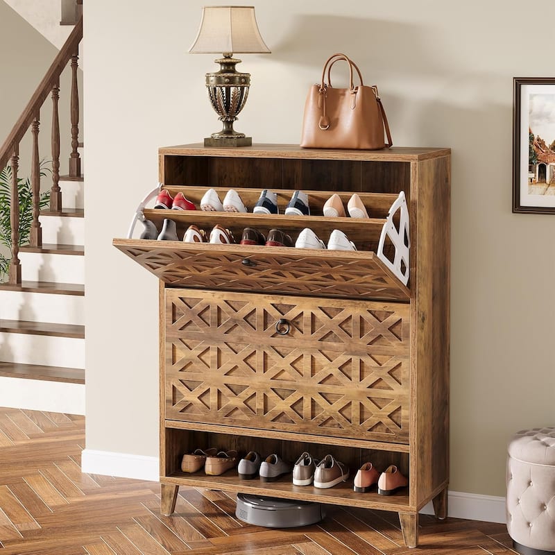 Shoe Cabinet with 2 Flip Drawers for Entryway with Wooden Legs Adjustable Shelves