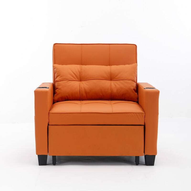 3-in-1 Convertible Sofa Chair,Pull Out Sleeper Chair with USB Ports and Cup Holders（Leather）