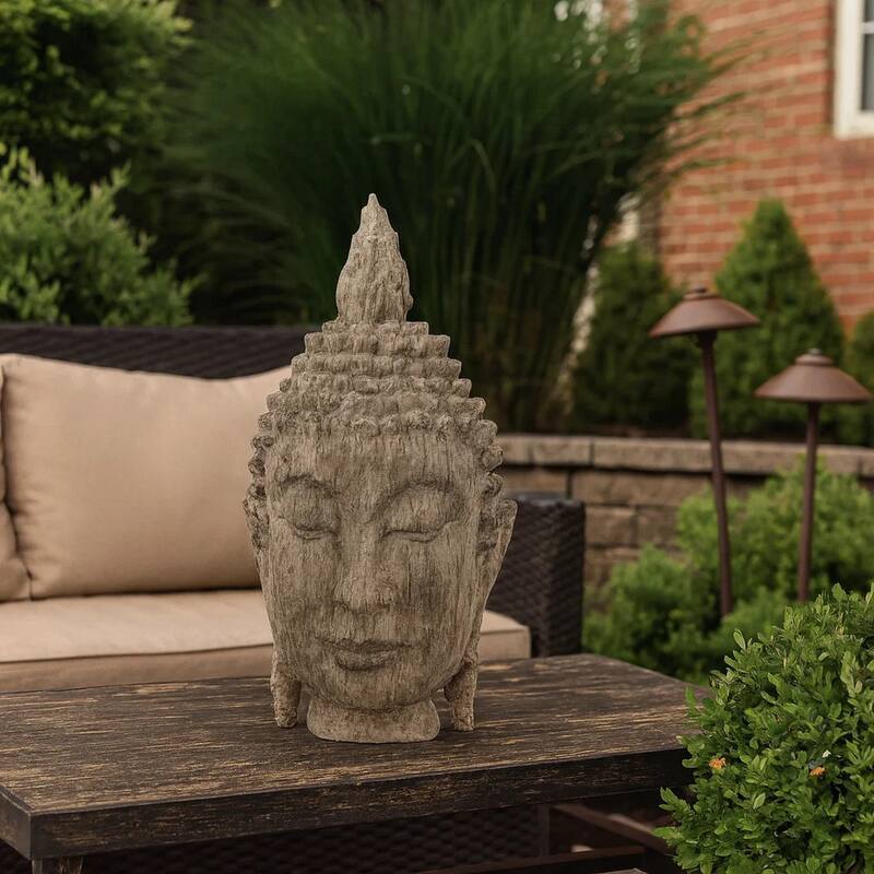 12 Inch Buddha Head Sculpture, Calming Accent Decoration, Polyresin, Brown