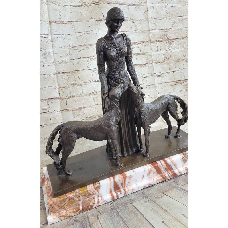 Lady With 2 Dogs Afghan Hounds Chiparus Art Deco Bronze Statue Sculpture 18 Inches X 6 Inches