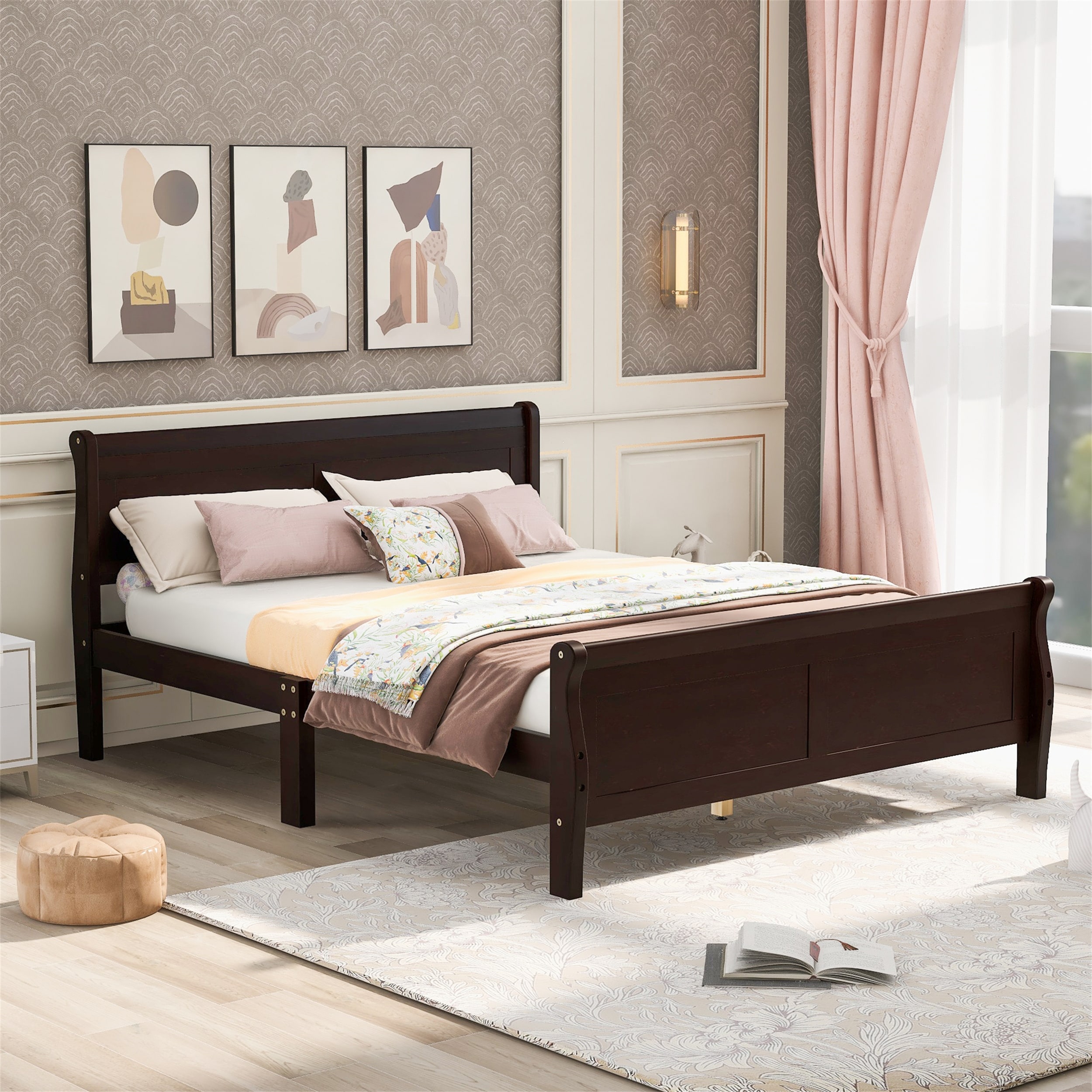 Solid Wood Platform Bed W/ Headboard Full Size Bed Frame Slat Support Espresso 