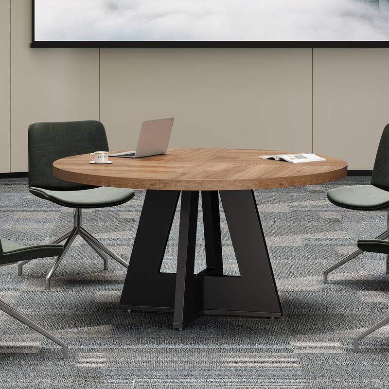 47-inch Round Conference Table for 4-6 People, Wooden Meeting Room Table - Black+Brown