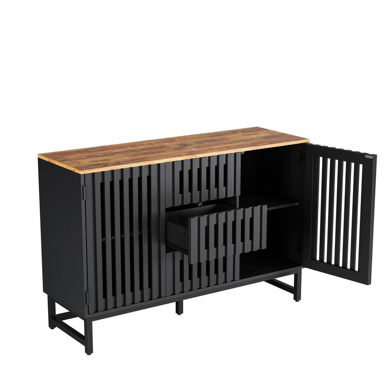 47.3" Horizontal Dresser with 3 Drawer and 2 Doors, Slatted Grille Striped Design and Hollow Caving