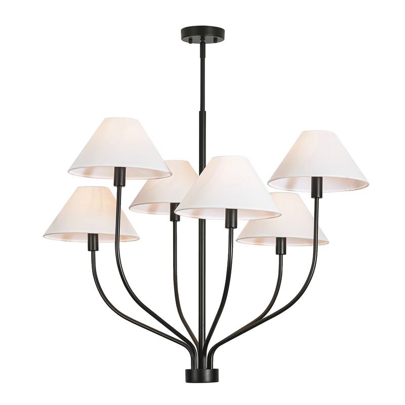 6-Light Modern Gold/Matte Black Sputnik Staggered Large Chandelier with Cone White Fabric Shade