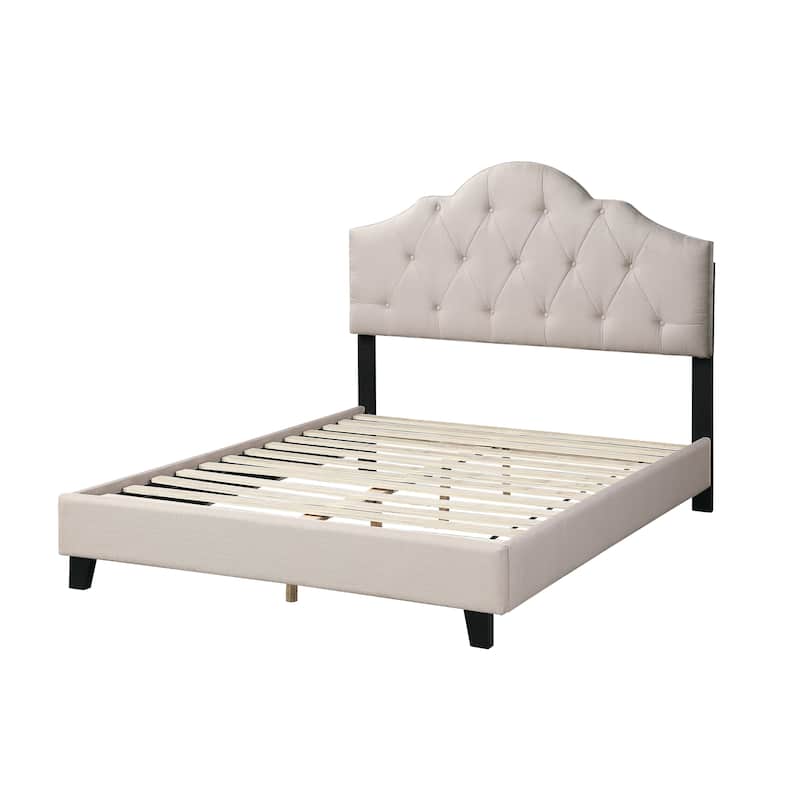 Queen Size Polyfiber Upholstered Platform Bed with Adjustable Arch Headboard and Button Tufting