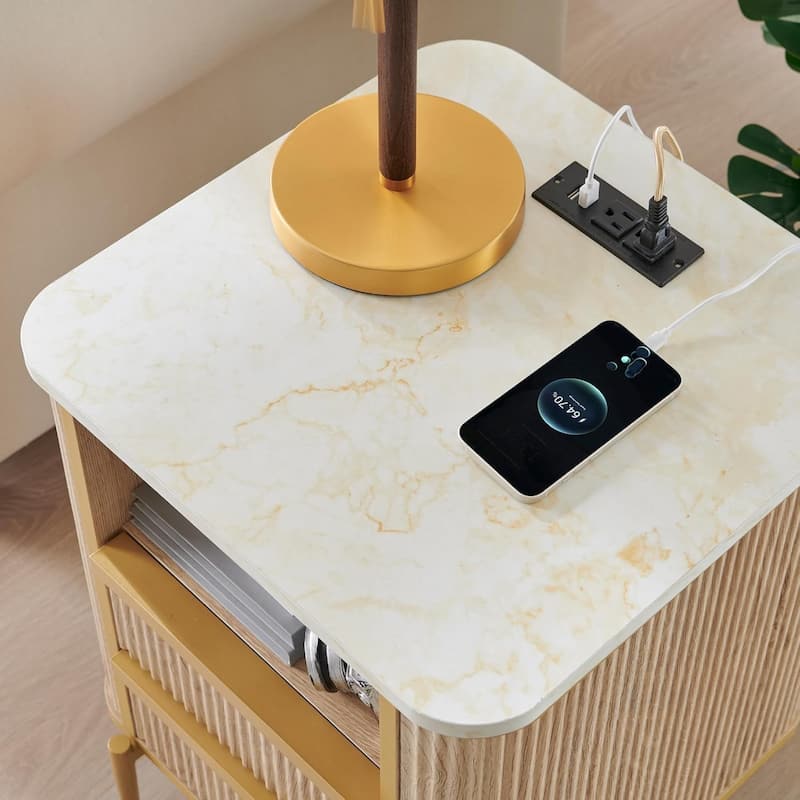 Modern Fluted Nightstand Set of 2 with Charging Station, End table