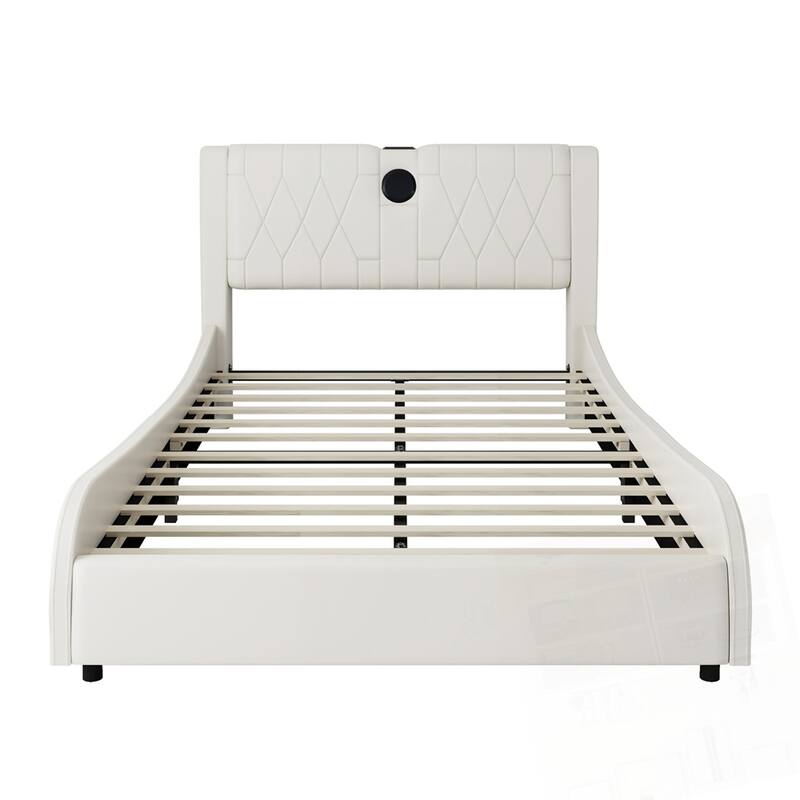 Luxurious Faux Leather Upholstered Platform Bed with Bluetooth Speakers and RGB LED Light