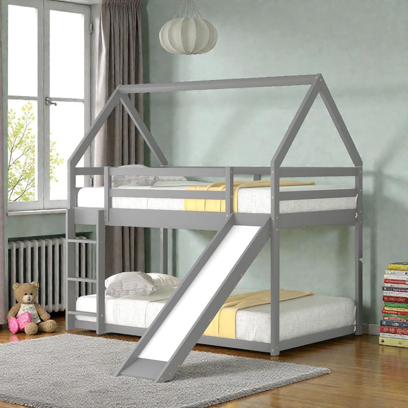 Twin House Bunk Bed with Slide and Ladder, Kids Wooden Bunk Bed Frame with Guardrails, Pine Wood and MDF