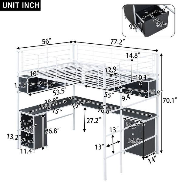 Metal Full Size Loft Bed with Bookcase, Desk and Cabinet