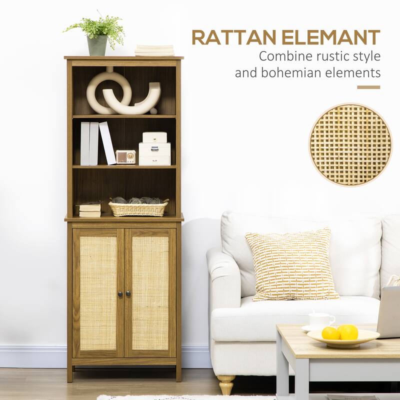 Multi Functional,Bookcase with Cabinet and Open Shelves,Tall Bookshelf,Wooden Bookshelf Features Handcrafted Rattan Door