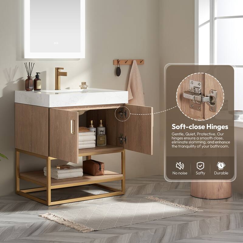 Alistair Single Bath Vanity with White Grain Stone Top & Mirror