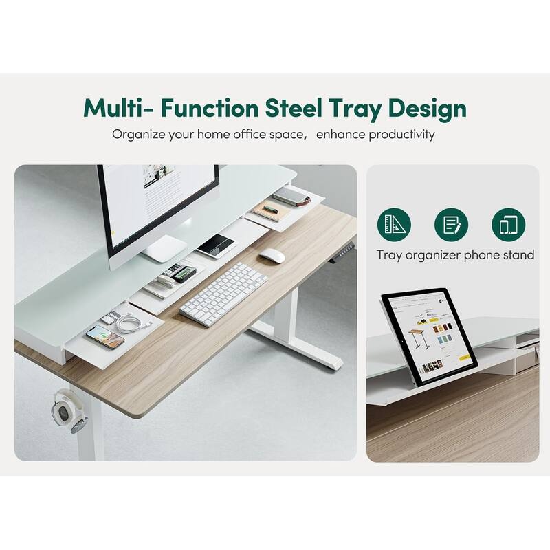 FEZIBO Height Adjustable Glass Electric Standing Desk with Double Drawer, Stand Up Desk with Storage Shelf