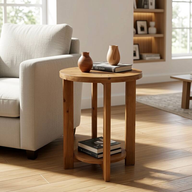 2-Tier Solid Wood End Table, Accent Round Side Table with Storage Shelf - Brown(1pc)