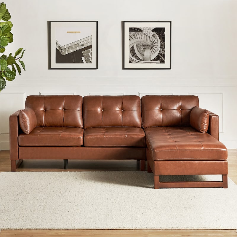Frances Mid-century Style Genuine Leather Sectional Sofa and Chaise with Soild Wood Legs by HULALA HOME