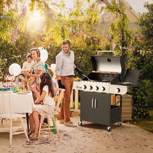 Erommy 3/4 +1 Burner BBQ Propane Gas Grill，24,000/ 36,000 BTU Stainless Steel Patio Barbecue Grill with Stove and Side Table