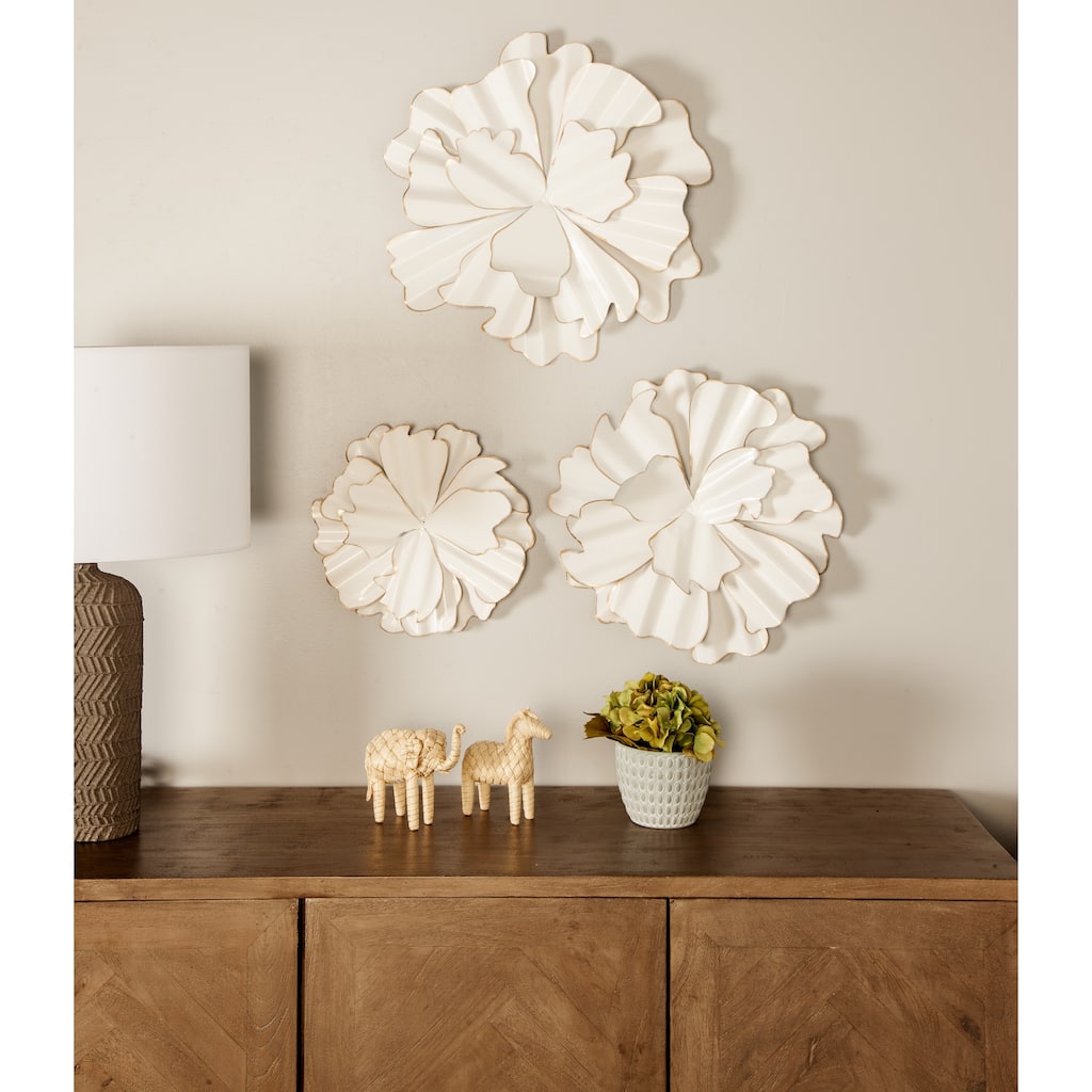 White Metal 3D Floral Home Wall Decor with Gold Edges (Set of 3)