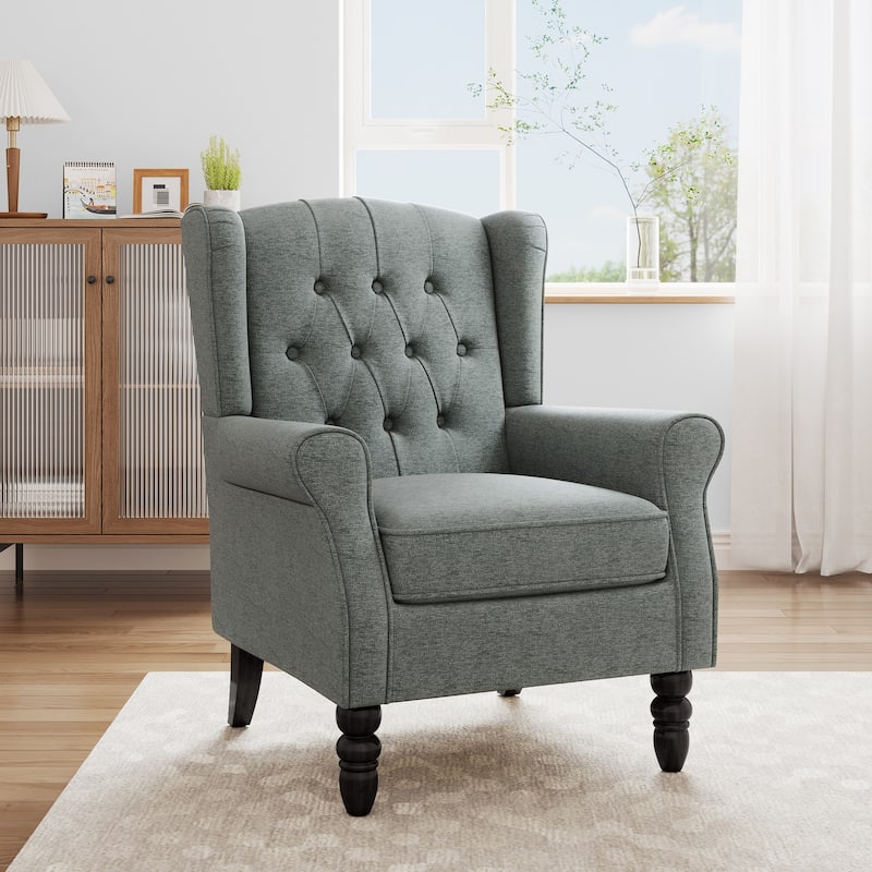 Modern Button Tufted Wingback Accent Chair Upholstered Armchair - Grey-Linen