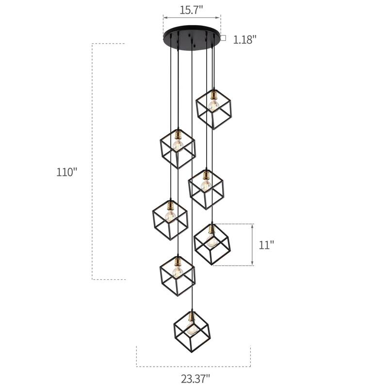 7 - Light Cluster Geometric Staircase Pendant, Adjustable Height Stairway Chandelier