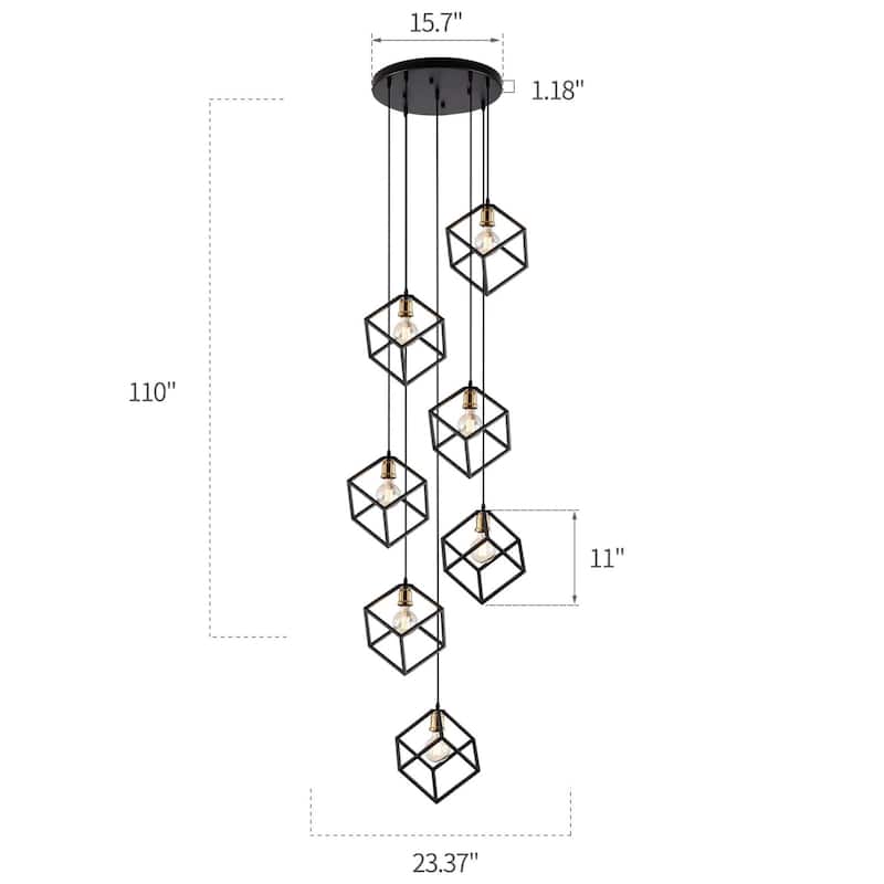Geometric Pendant Chandelier for Stairway / Staircase, Adjustable Height 5 or 7 Light Cluster