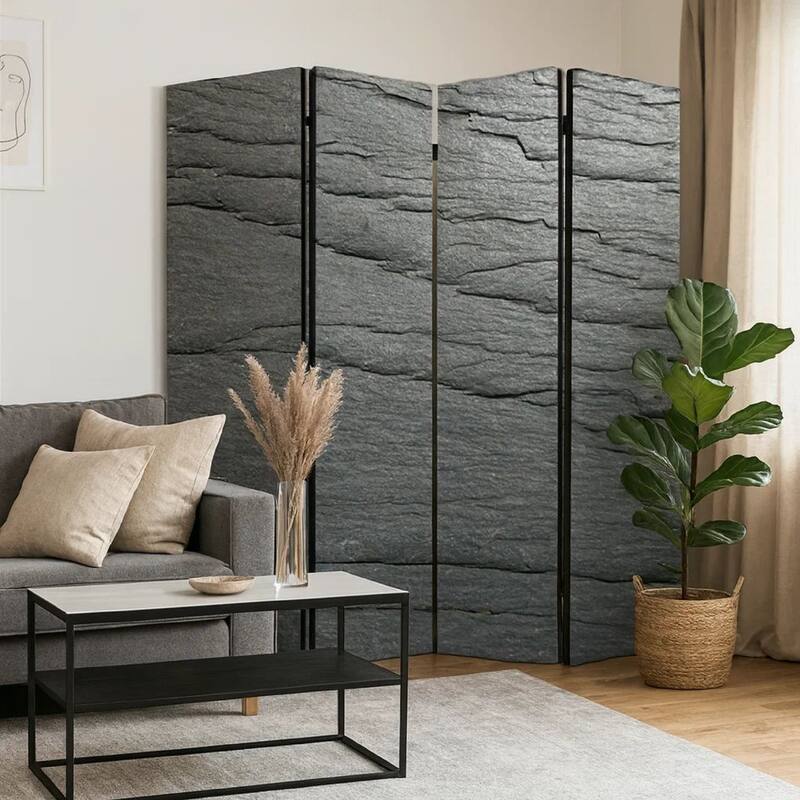 4 Panel Canvas and Metal Frame Room Divider, Slate Gray