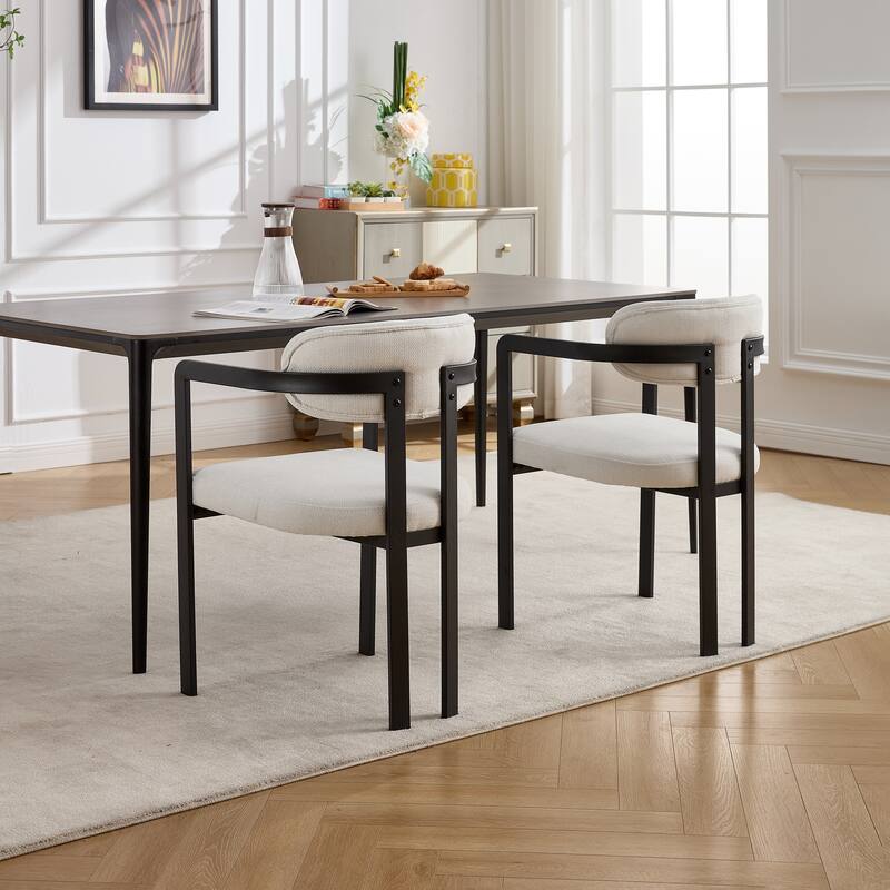 Mid-Century Modern Dining Chairs Set of 2 - Boucle Upholstered Seats with Black Metal Legs‌