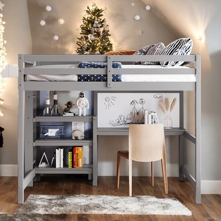 Stylish & Simple Full Size Wooden Loft Bed with Shelves, Desk and Writing Board, Maximized space, Health and Comfort, Grey