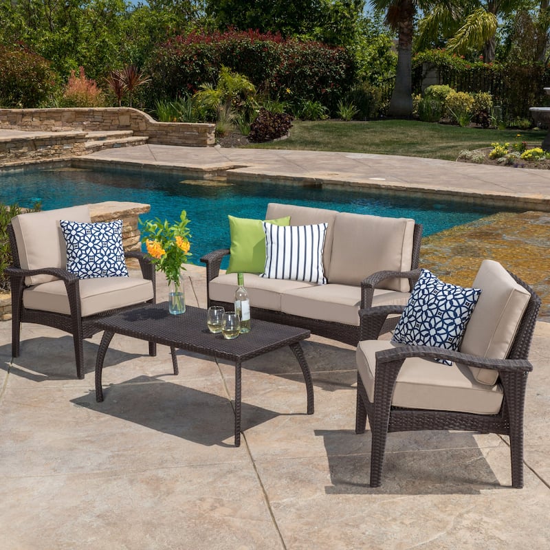 4 Piece PE Rattan Patio Furniture Metal Conversation Set,Waterproof Fabric Cushions Sofa and Sturdy Iron Frame Coffee Table