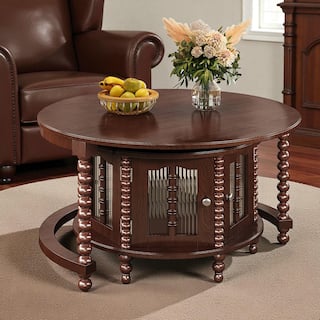 31.5'' Vintage Round Nesting Coffee Table with Bamboo-Shaped Glass Doors and Beaded Legs, Walnut Finish