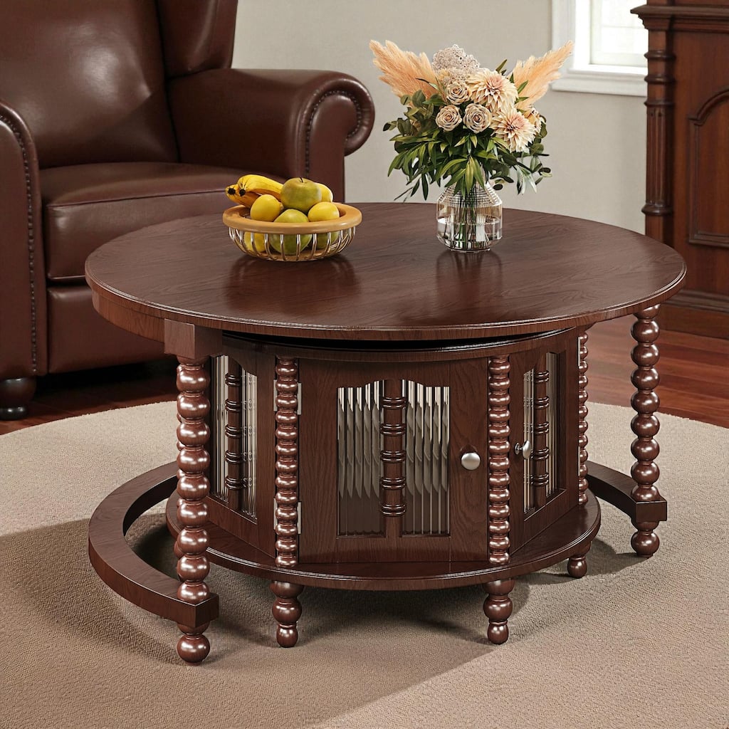 31.5'' Vintage Round Nesting Coffee Table with Bamboo-Shaped Glass Doors and Beaded Legs, Walnut Finish