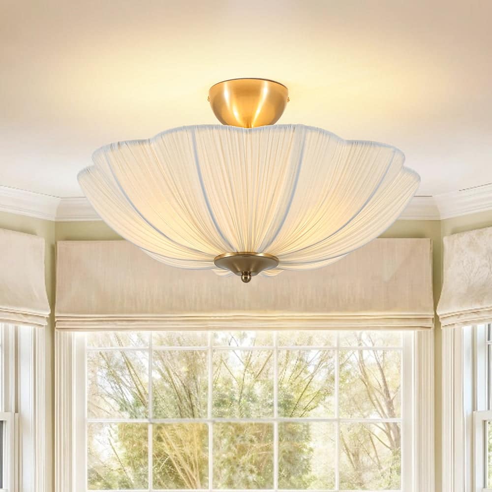 French Country White Ribbed Fabric Bloom Semi Flush Mount 19.5in
