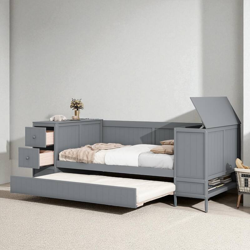 Twin Size Daybed with Storage Arms, Trundle and Charging Station, Solid Wood Frame with Drawers and USB Ports - Grey - Twin