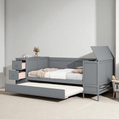 Twin Size Daybed with Storage Arms, Trundle and Charging Station, Solid Wood Frame with Drawers and USB Ports