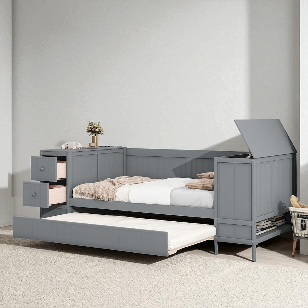 Twin Size Daybed with Storage Arms, Trundle and Charging Station, Solid Wood Frame with Drawers and USB Ports