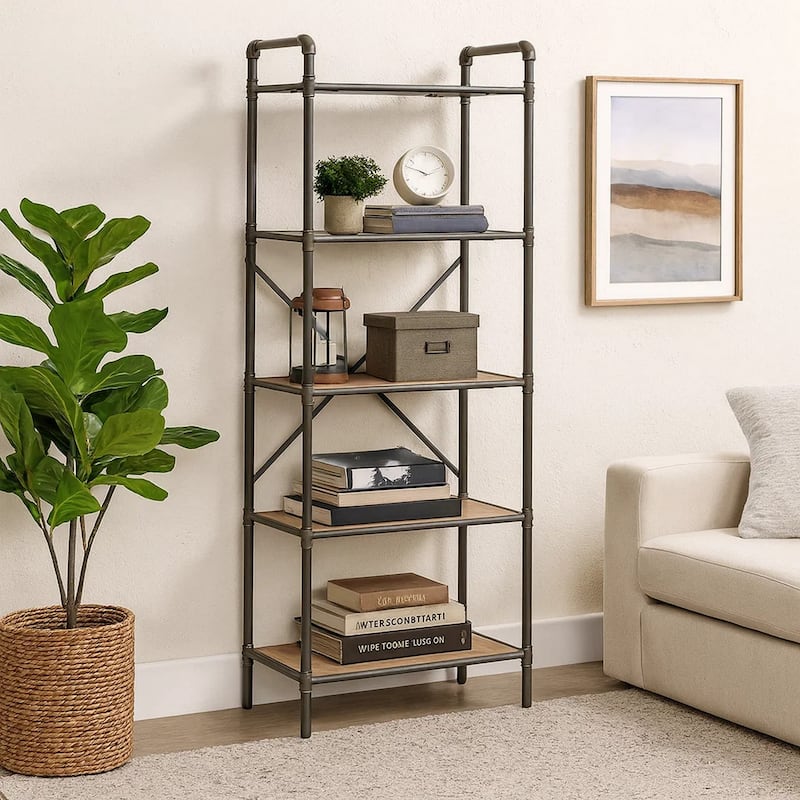 Five-Tier Metal Bookshelf With Wooden Shelves, Oak Brown & Gray