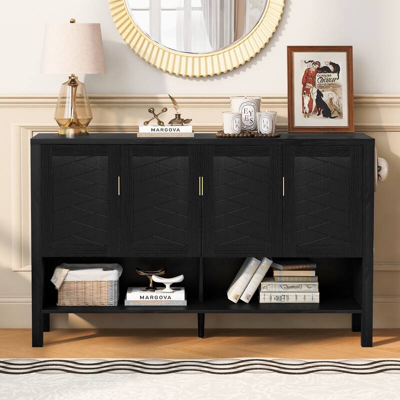 4 Doors Storage Sideboard with Open Shelf and 2-Tiers Adjustable Shelves, Multi Functional Buffet with 2 Side Hooks
