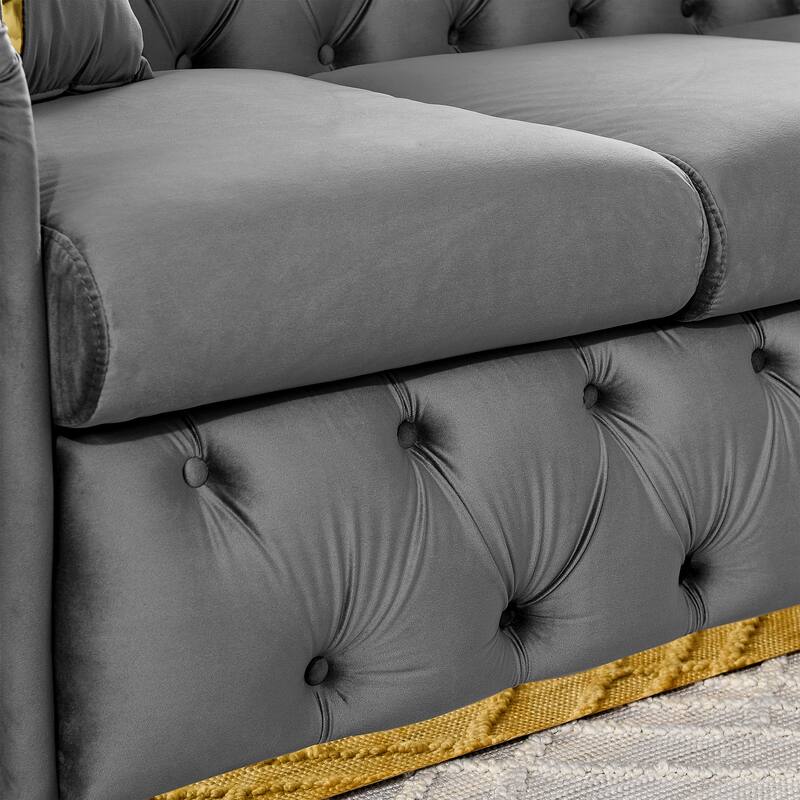 90.6 Inches Velvet Button Tufted 3 Seater Sofa with 2 Pillows and Gold Stainless Steel Accents, Gray