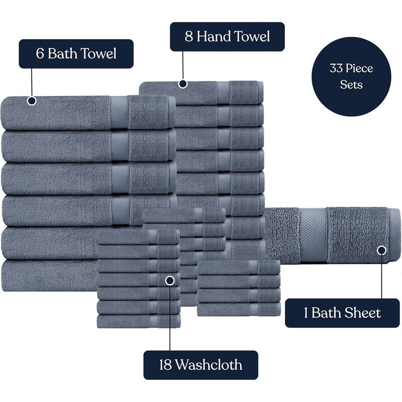 Delara Organic Cotton Luxuriously Plush Bath Towel 33 Piece Set, GOTS & OEKO-TEX Certified, 650 GSM Long Staple