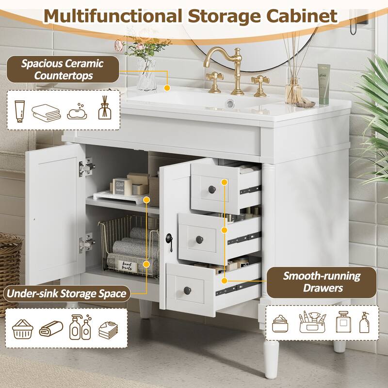36" Bathroom Vanity with Ceramic Sink, Soft-Close Doors & Drawers, Adjustable Shelves, Modern Storage Cabinet