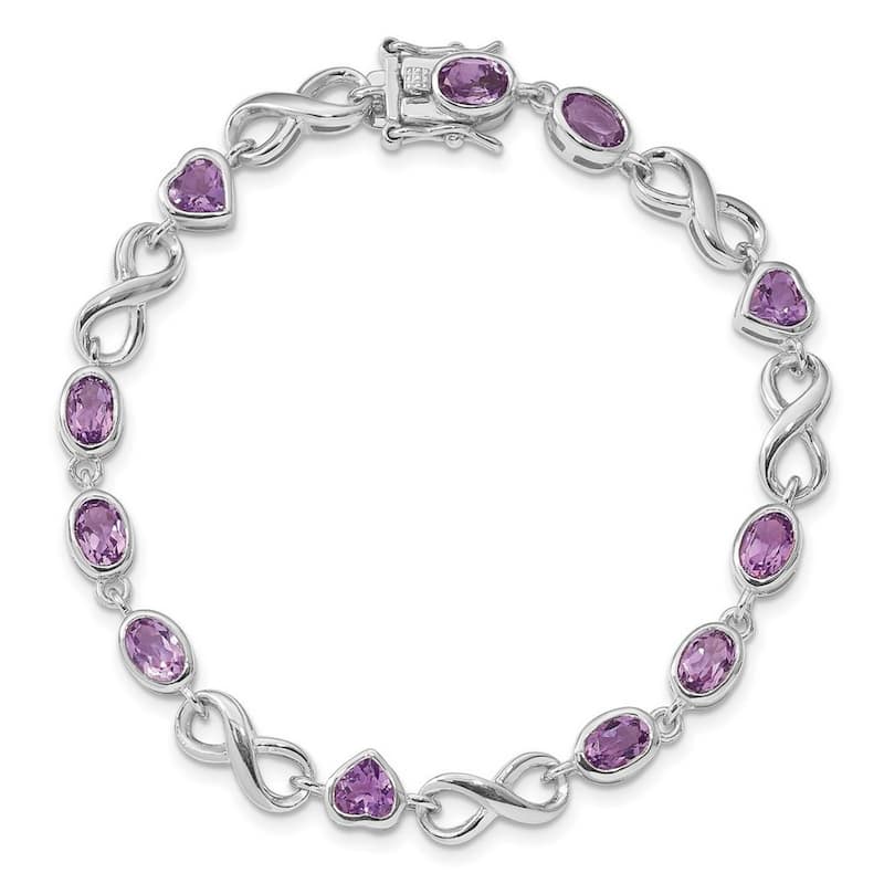 Curata 925 Sterling Silver 7" Bezel Oval & Heart Amethyst Infinity Bracelet