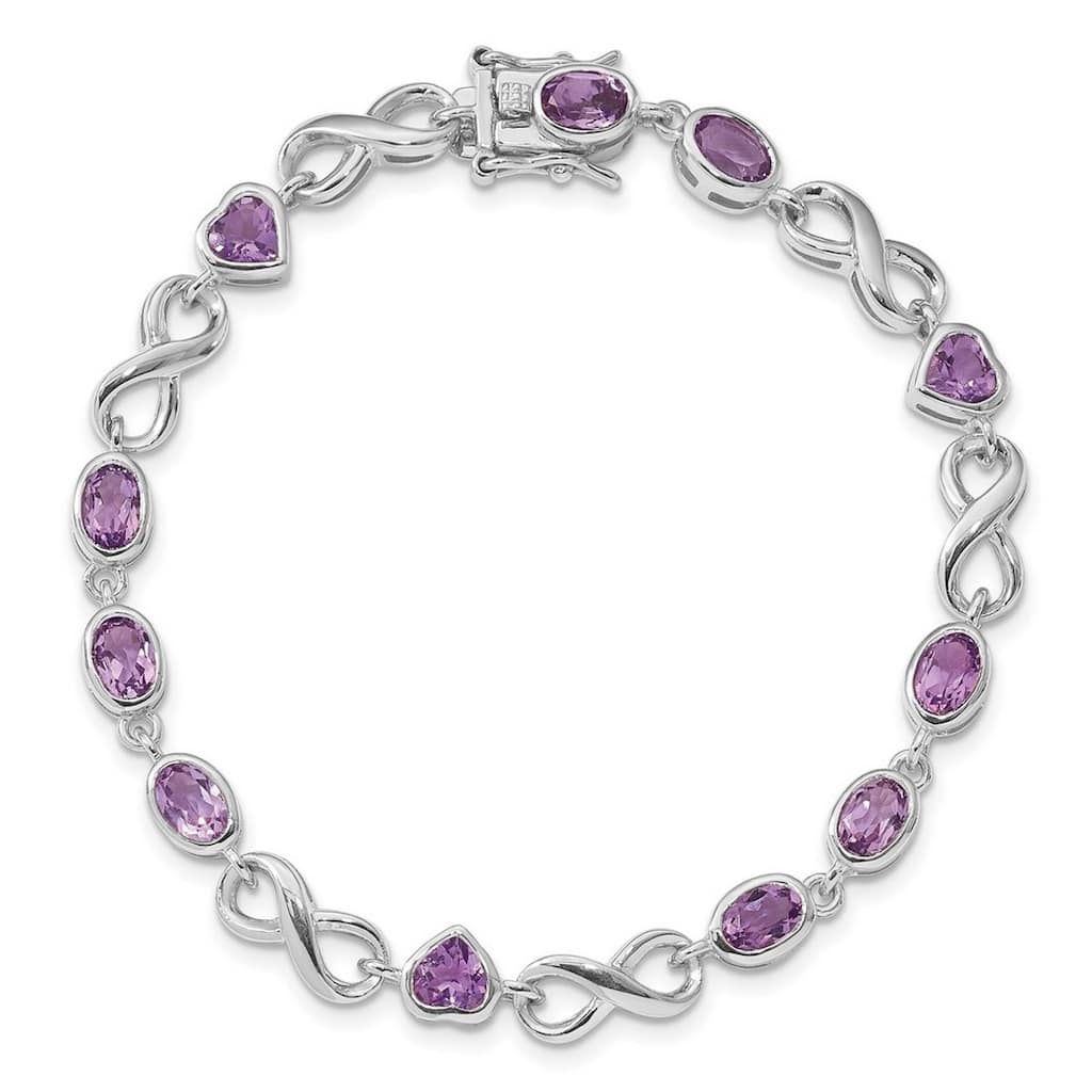 Curata 925 Sterling Silver 7" Bezel Oval & Heart Amethyst Infinity Bracelet
